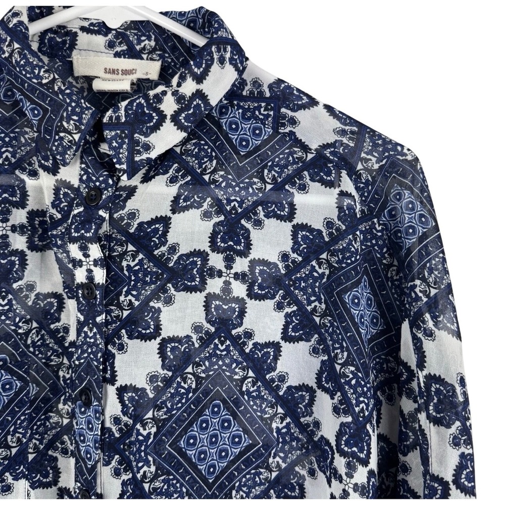 Sans Souci Button Up Blouse Women S Blue White Paisley Geometric GST460-1
